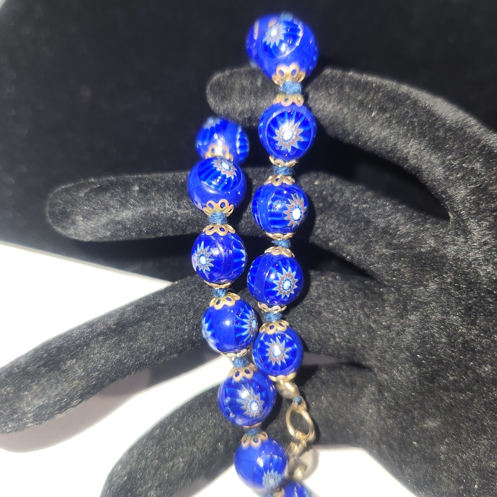 Vintage Venetian‎ Millefiori Glass Bead Bracelet Cobalt Blue Gold Tone 7Inch
